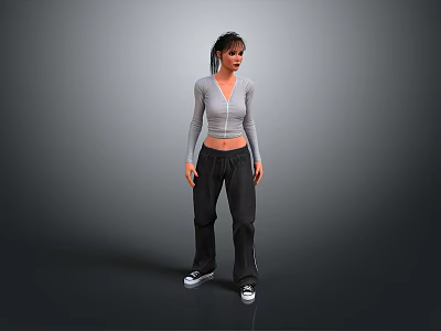 Child in Gray Long Sleeve Top Black Pants and White Sneakers Against Gray Gradient Background 3d model