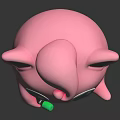 Cute Pink Cartoon Creature Character With Big Blue Eyes Curly Head Open Mouth And Green Object