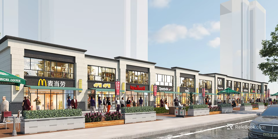 Bustling Modern Commercial Street With Contemporary Architecture Storefronts Pedestrians Lush Greenery And Waterfront Promenade 3d model 