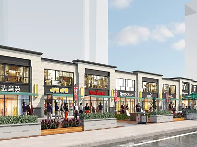 Bustling Modern Commercial Street With Contemporary Architecture Storefronts Pedestrians Lush Greenery And Waterfront Promenade 3d model