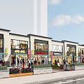 Bustling Modern Commercial Street With Contemporary Architecture Storefronts Pedestrians Lush Greenery And Waterfront Promenade
