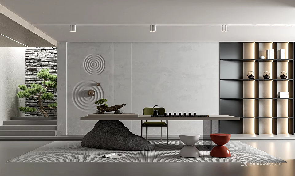 Modern Tea Room Interior With Stone Wall Circular Decor Pine Tree Tea Sets And Chessboard 3d model