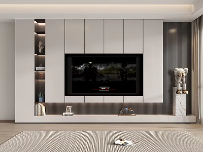 Modern TV Background Cabinet With Built-in TV Open Shelves And Marble Accents 3d model