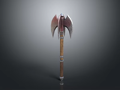 Double Bladed Battle Axe With Metal Head Wooden Handle And Metal Rings Decoration 3d model