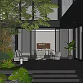 Modern Courtyard Garden With Lush Greenery Wooden Deck Outdoor Seating And Floor-to-Ceiling Windows