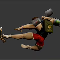 Muscular Man In Black Tank Top Red Shorts With Metal Buckets Spear Dynamic Kicking Pose
