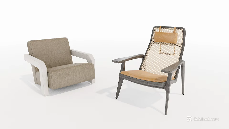Beige Lounge Chair With White Armrests And Black Frame Mesh Back Brown Seat 3d model 