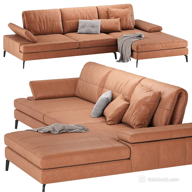 Brown Leather Sectional Sofa With Modern Design Pillows And Throw Blanket 3d model