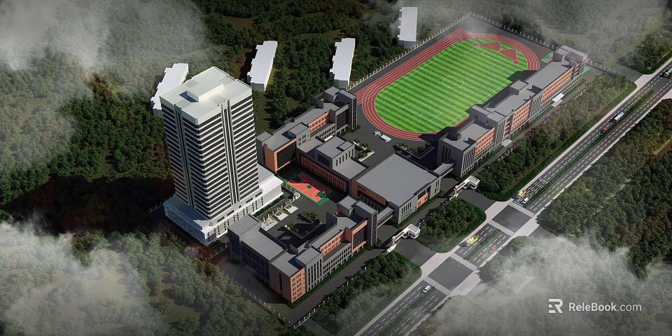 School Campus Buildings Including High Rise Teaching Tower Athletic Stadium And Green Surrounding Trees 3d model 
