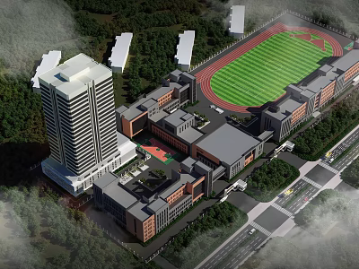 School Campus Buildings Including High Rise Teaching Tower Athletic Stadium And Green Surrounding Trees 3d model