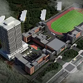 School Campus Buildings Including High Rise Teaching Tower Athletic Stadium And Green Surrounding Trees