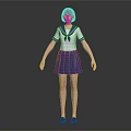 3D Model of a Woman in Sailor Uniform with Purple Hair and Blue Skirt