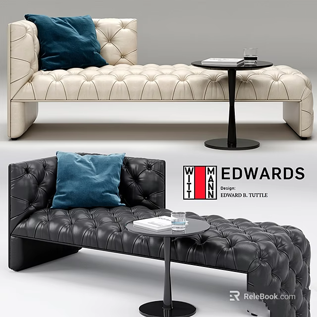 Cream And Black Tufted Sofa Bench With Blue Pillow Round Side Table Glass And Magazines 3d model 
