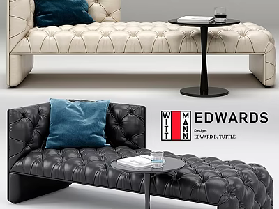 Cream And Black Tufted Sofa Bench With Blue Pillow Round Side Table Glass And Magazines 3d model