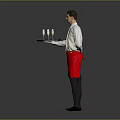 Man Standing in White Shirt and Red Apron Holding Tray with Glasses of Drinks