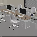 Modern Wooden Office Desk With Multiple Computers White Chairs And Printer 3d model