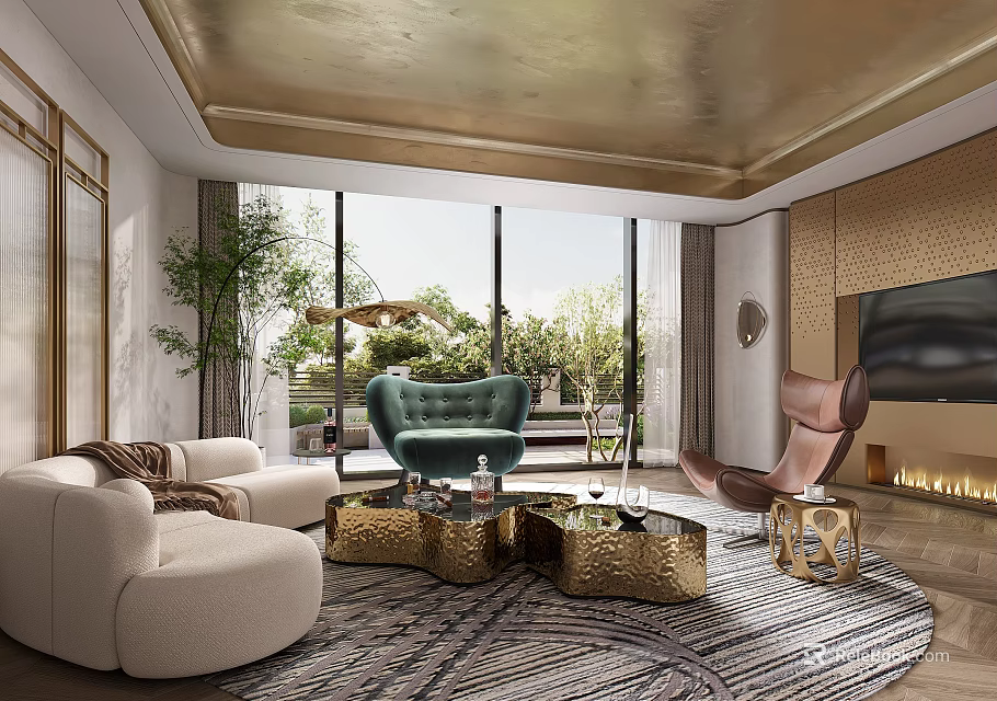 Elegant Modern Living Room Interior With Gold Ceiling Sofa Armchair And Coffee Table 3d model 
