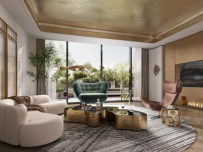 Elegant Modern Living Room Interior With Gold Ceiling Sofa Armchair And Coffee Table 3d model