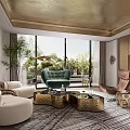 Elegant Modern Living Room Interior With Gold Ceiling Sofa Armchair And Coffee Table