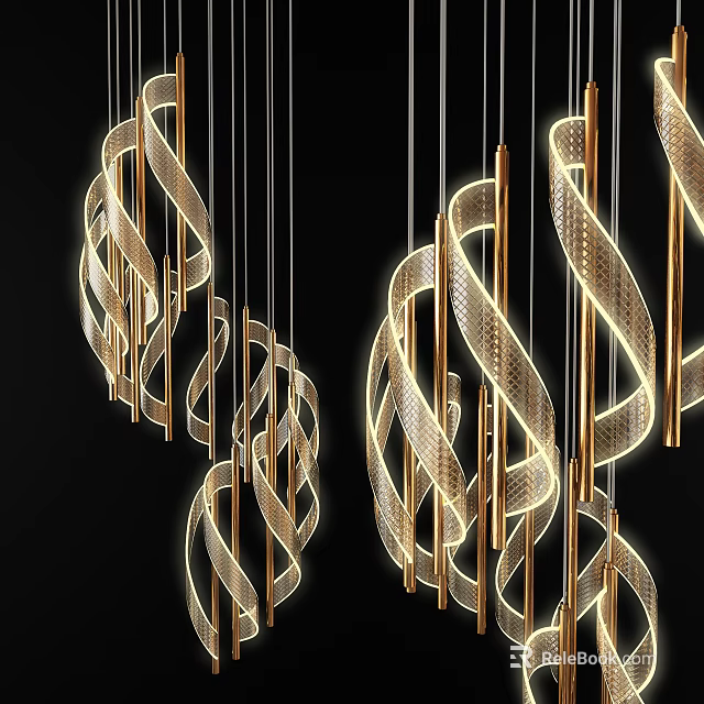 Elegant Modern Twisted Spiral Chandelier With Metallic Gold Frames And Soft Illuminated Glow 3d model 