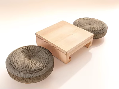 Natural Wooden Bar Stools With Round Woven Seats And Matching Table 3d model