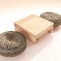 Natural Wooden Bar Stools With Round Woven Seats And Matching Table