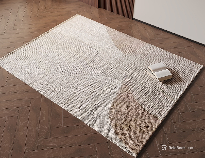 Modern Square Carpet with Light Beige Wavy Pattern on Wooden Floor and Open Book 3d model 