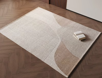Modern Square Carpet with Light Beige Wavy Pattern on Wooden Floor and Open Book 3d model