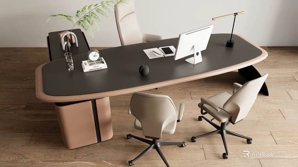 Modern Office Desk With Curved Surface Computer Monitor Desk Lamp Potted Plant And Office Chairs 3d model 