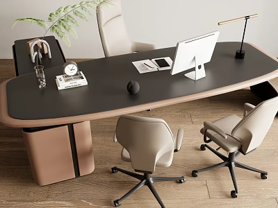 Modern Office Desk With Curved Surface Computer Monitor Desk Lamp Potted Plant And Office Chairs 3d model