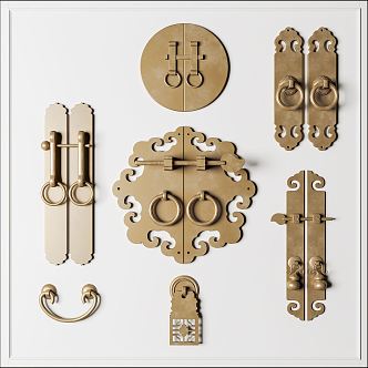 New Chinese Style Door Handle Copper Handle Combination 3d model