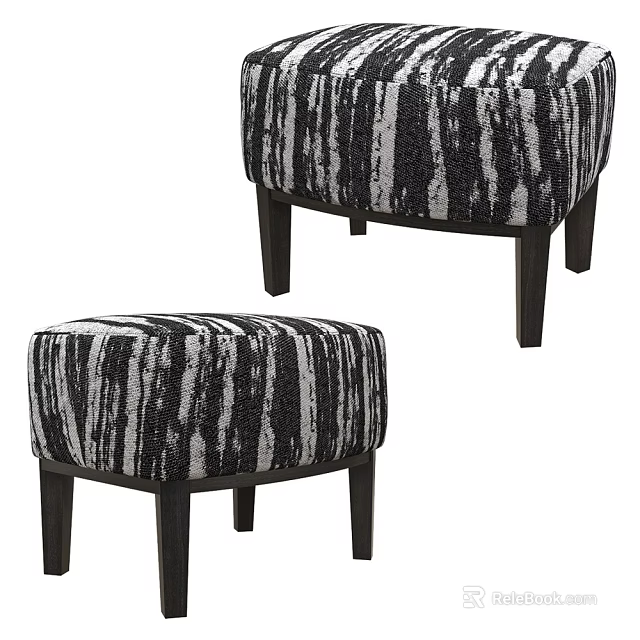 Stylish Black and White Striped Ottoman with Fabric Upholstery and Wooden Legs 3d model 