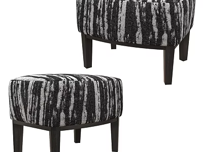 Stylish Black and White Striped Ottoman with Fabric Upholstery and Wooden Legs 3d model