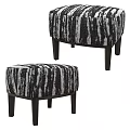 Stylish Black and White Striped Ottoman with Fabric Upholstery and Wooden Legs