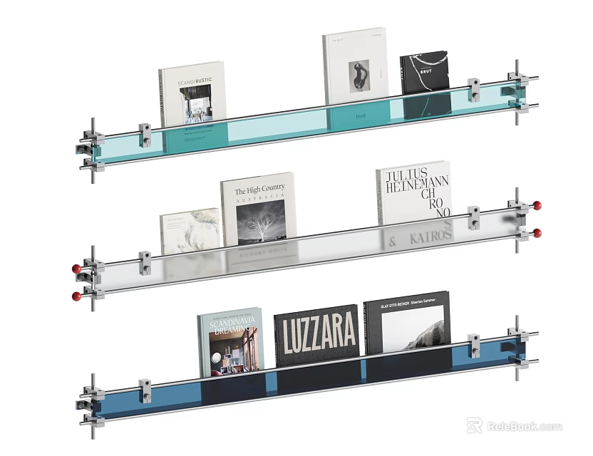 Modern Glass Bookshelf With Metal Brackets And Multiple Shelves Holding Design Books 3d model 