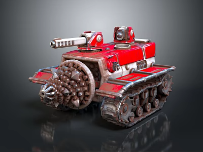 Red and White Tracked Functional Vehicle With Front Obstacle Clearing Roller and Top Mechanical Equipment 3d model