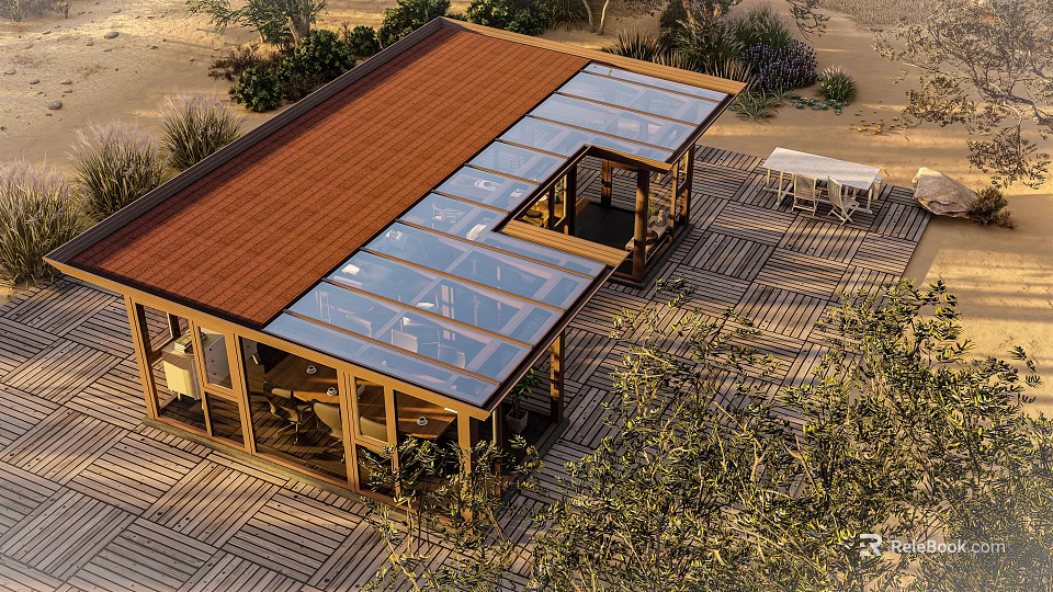 Modern Wooden House With Glass Roof Outdoor Terrace And Surrounding Plants 3d model 