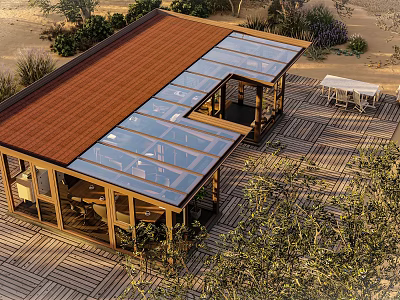 Modern Wooden House With Glass Roof Outdoor Terrace And Surrounding Plants 3d model