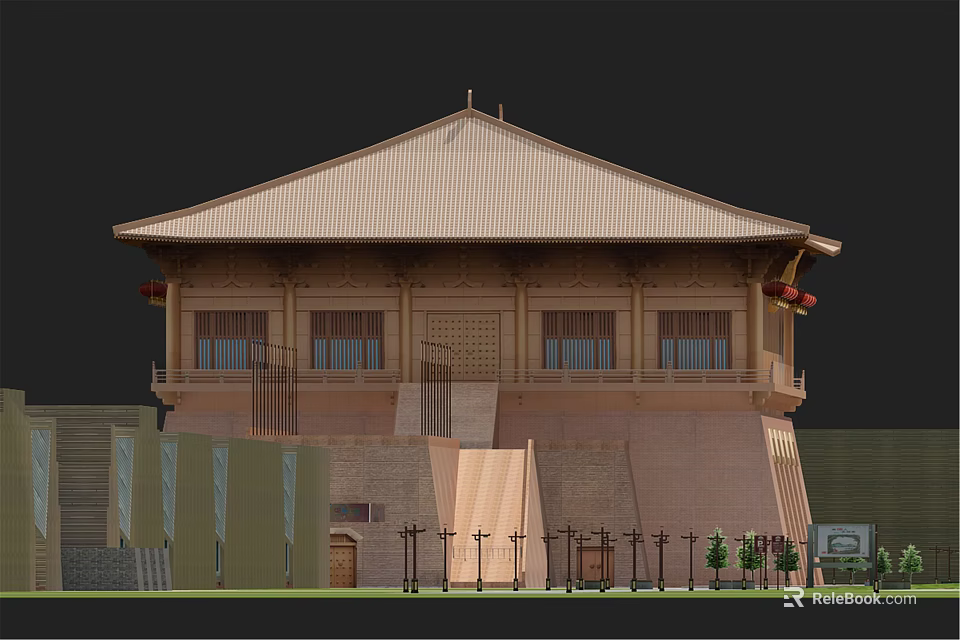 Classical Ancient Architecture Featuring Traditional Roof Wooden Structure Ornate Windows Stone Base And Green Plants 3d model 