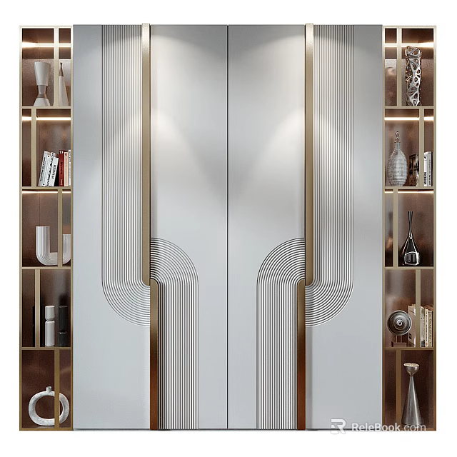 Modern Decorative Cabinet With Glass Doors And Metal Lines Displaying Elegant Ornaments 3d model 