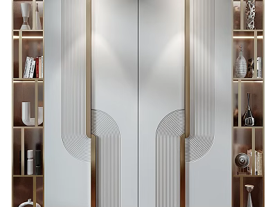 Modern Decorative Cabinet With Glass Doors And Metal Lines Displaying Elegant Ornaments 3d model