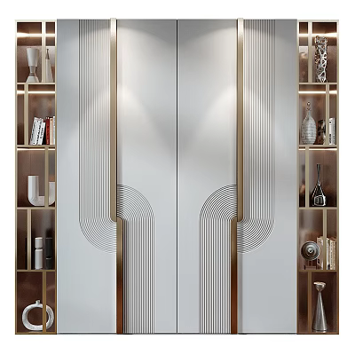 Modern Decorative Cabinet With Glass Doors And Metal Lines Displaying Elegant Ornaments 3d model