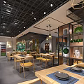 Modern Restaurant Interior Featuring Pendant Lights Wooden Tables Chairs Potted Plants And Food Display Counters