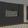 Dark Colored Modern Sideboard With Floral Tile Backsplash And Decorative Items