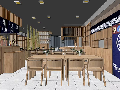 Japanese Inspired Restaurant Interior With Wooden Tables Chairs And Decor 3d model