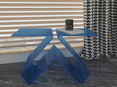 Blue Geometric Acrylic Side Tables with Small Decor Near Window and Curtains 3d model
