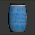 Blue Vintage Barrel With Black Lid And Metal Handles On Dark Surface