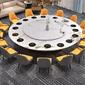 Banquet Hall Interior With Large Round Marble Table Yellow Gray Chairs Central Vase