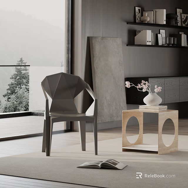 Modern Black Polygonal Dining Chair With Wooden Side Table Vase By Large Window Natural View 3d model 