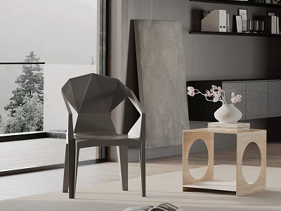Modern Black Polygonal Dining Chair With Wooden Side Table Vase By Large Window Natural View 3d model